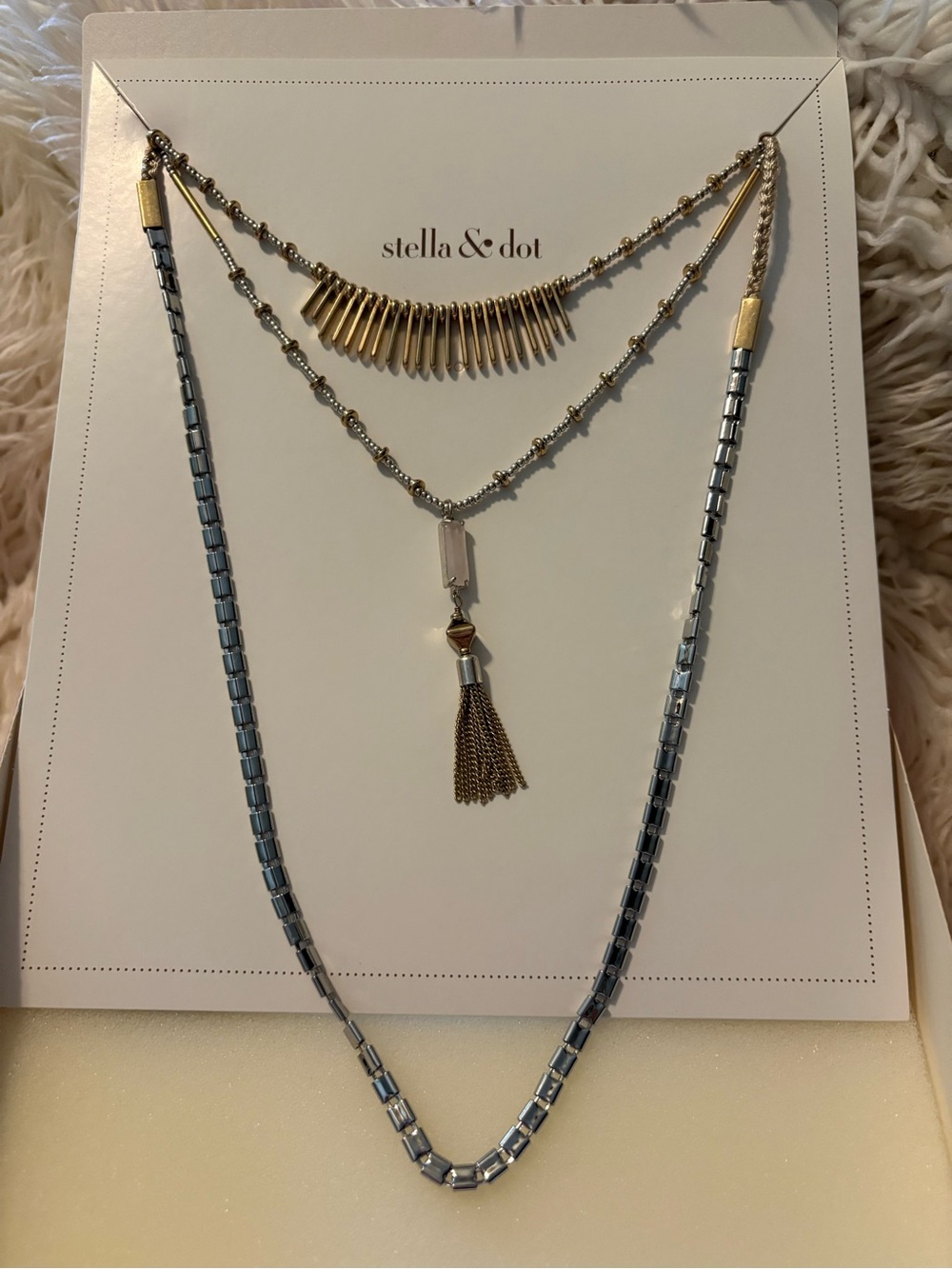 Stella & Dot Riad Layering Necklace 7-in-1 Necklace Silver Gold Pink Tassel Boho